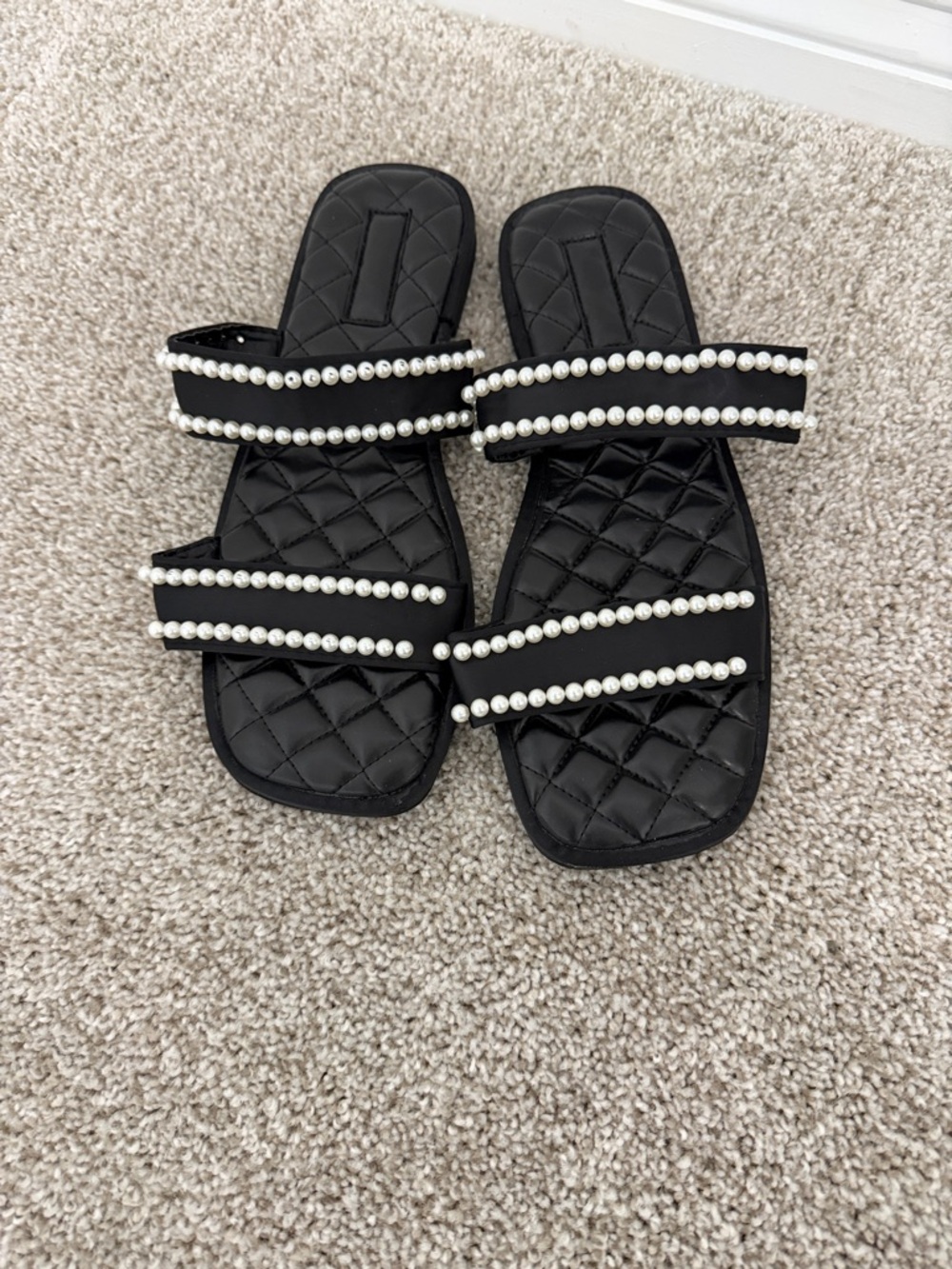 Black Pearl-Trim Slide Sandals - Women's